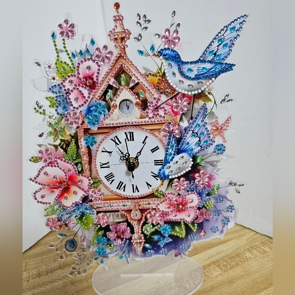Handmade Other - Handmade 5D Diamond Painting Clock Bluebirds Floral Birdhouse Art New 8"x11"